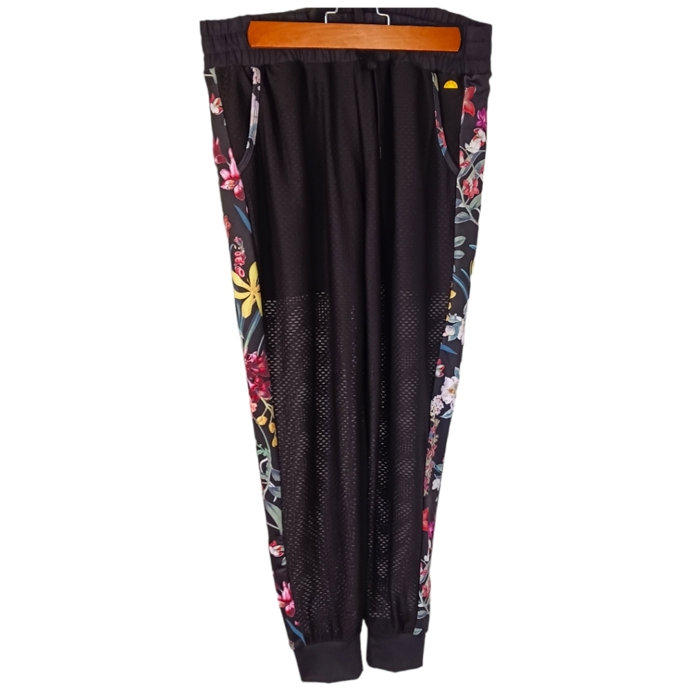 Women's Mesh Jogger Pants Size Large Shorts Tropical Athletic Floral Black